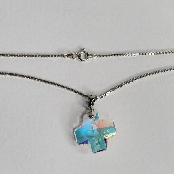 Vintage Italian Sterling Silver Chain with Crystal Cross Like Pendant - Picture 4 of 16